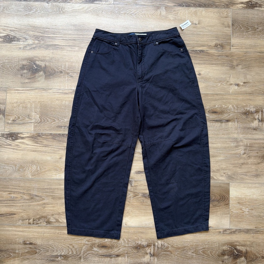 Old Navy Extra High Rise Barrel Leg Pants Navy Blue Size 12 NWT Horseshoe Cotton